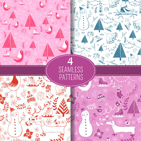 Set of winter seamless pattern. Perfect for greeting cards, postcards,wrapping paper texture, silhouette.Christmas holiday patterns.のイラスト素材