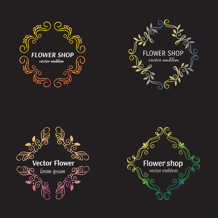 Flower shop design template in trendy handdrawn style. Floral and geometrical frame with space for text. Decorative concept for wedding service, flower shop, florist.のイラスト素材