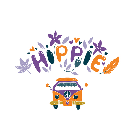 Hippie vector illustration with flowers, feather and minivan.のイラスト素材