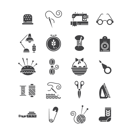 Vector Hand made icons set - symbols or logos of sewing, knit, embroidery, needlework. Perfect for banners, flyers and web design.のイラスト素材