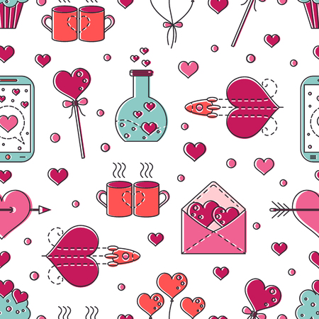 Vector Valentines Day seamless pattern in trendy linear style.Perfect for greeting cards, postcards, banners, wallpapers, wrapping paper texture. Vector illustrationのイラスト素材