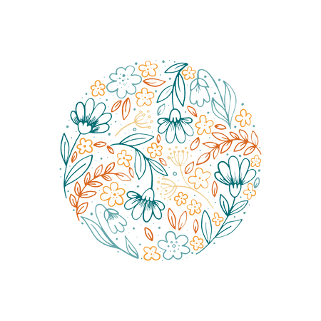 Vector hand drawn style floral logo in a shape of a circle. Outline logotype with flowers. Business identity for boutique, organic cosmetics or flower shop.のイラスト素材