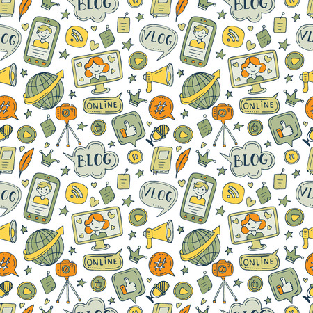 Vector seamless pattern with blogging elements. Mobile phone, speech bubble, camera, stickers, wi-fi, earth, microphone bloggersのイラスト素材