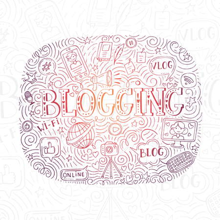 Doodle vector illustration with girl, boy, bloger, mobile phone, speech bubble, hearts, computer, microphone, earth, stickers, notebook Hand drawn blogging elements isolated on white backgroundのイラスト素材