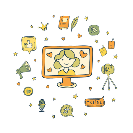 Doodle vector illustration with bloger in monitor and blogging elements around. Speech bubbles, hearts, computer, microphone, notebook. Hand drawn blogging elements isolated on white background.のイラスト素材