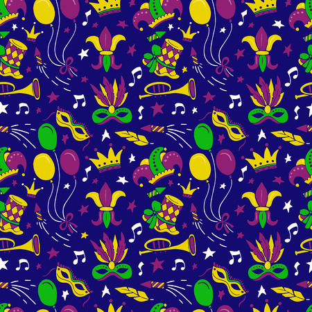 Mardi Gras seamless pattern isolated on blue  background.のイラスト素材