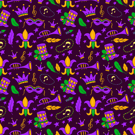 Mardi Gras seamless pattern isolated on colorful background.のイラスト素材