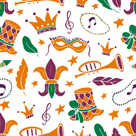 Mardi Gras seamless pattern with balloon, carnival mask, confetti, trumpet, crown, ribbon, feathers,  jester hat,  beads on white backgroundのイラスト素材