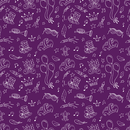 Mardi Gras seamless pattern with balloon, carnival mask, confetti, trumpet, crown, ribbon, feathers,  jester hat,  beads on dark backgroundのイラスト素材