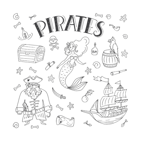 Vector Pirates icon set in freehand style illustrationのイラスト素材