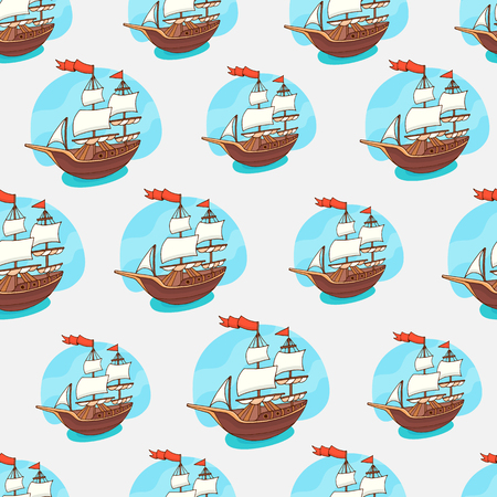 Vector Nautical seamless pattern. Ships and waves background. Cartoon sea pattern.のイラスト素材