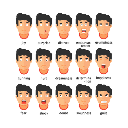 Vector set of people expressing facial emotions isolated on white background. Happy and depressed male faces. Flat design illustrations. Geometric people.のイラスト素材
