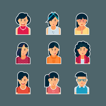 Colorful vector people avatar collection. Vector design of different characters including man and women. Flat character design icon set.のイラスト素材