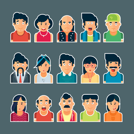 Colorful vector people avatar collection. Vector design of different characters including man and women. Flat character design icon set.のイラスト素材