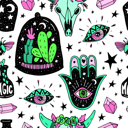 Magic love vector seamless pattern in handdrawn style. Mustic elements isolated on white background.のイラスト素材
