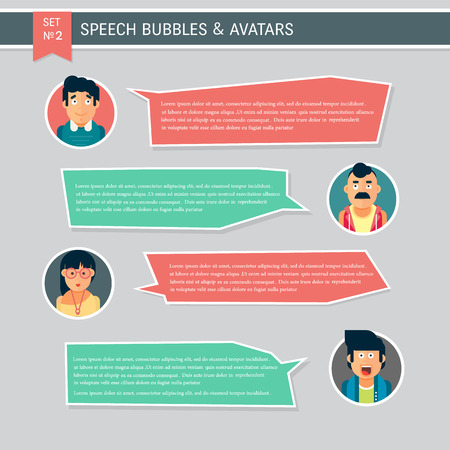 People icons with chat speech bubbles. Vector design of different characters including man and women. Flat character design icon set. People avatarのイラスト素材