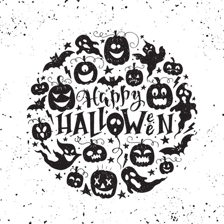Vector hand drawn poster with hand-lettering, scary pumpkins, ghosts and bat. Happy Halloween greeting card with pumpkin and ghosts. Perfect design element for poster or banner.のイラスト素材