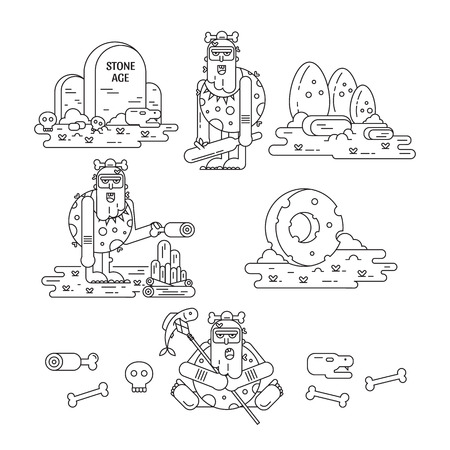 Stone age flat line icons set with caveman different pose, tools, food, fire, dinosaur eggs, skulls and bones isolated on white. Vector illustrationのイラスト素材