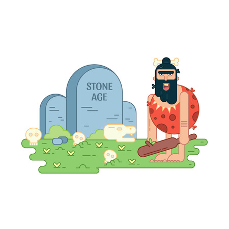 Vector flat line illustration. Caveman with stone age sign isolated on white background.のイラスト素材