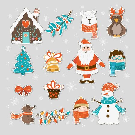 Vector Set of hand drawn stickers. Christmas illustrations. Clipart collection with Santa Claus, Gingerbread house, mistletoe, garlands, bell, snowman, owl, bear, mouse people Christmas treeのイラスト素材