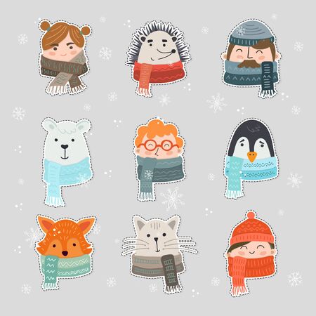 Vector set of cute winter animals and people stickers isolated on background. Big set with girls, woman, man, bear, penguin, cat, fox hand drawn designs. Xmas, christmas design.のイラスト素材