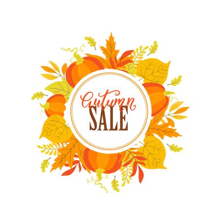 Vector Autumn sale poster with pumpkin, oak, maple, aspen leaves and circle label on white background. Autumn festifalのイラスト素材