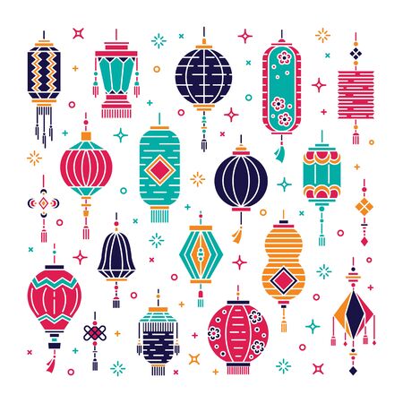 Vector set of asian street and chinese holiday lanterns, culture decorations. Monoline and flat objects isolated on background.のイラスト素材
