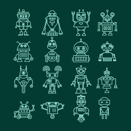 Vector set of modern robot character icons line styleのイラスト素材