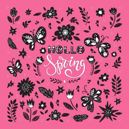 Vector Hello spring greeting card. Hand drawn illustration on background. Flowers, butterflies and lettering.のイラスト素材