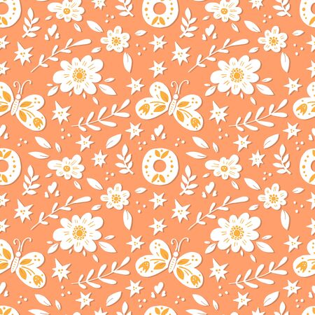 Vector background pattern with flowers. butterflies, leavesのイラスト素材