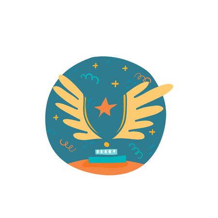 Vector golden trophy, first place winner, award vector illustration isolated on circle background. Handdrawn doodle style.のイラスト素材