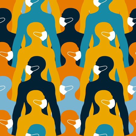 Coronavirus seamless pattern. People in white medical face maskのイラスト素材