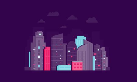 Vector Night city illustration. Dark urban scape. Night cityscape in flat style, abstract backgroundのイラスト素材