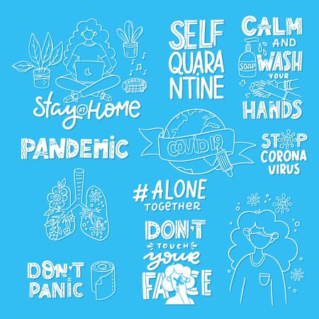 CoronaVirus Covid-19 letterings and illustrations. Quarantine quotes and stickersのイラスト素材