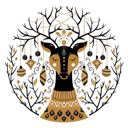 Vector Christmas illustration in Scandinavian style. Cute reindeer with large horns and Christmas balls. Holiday greeting cardのイラスト素材