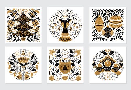 Vector Merry Christmas greeting cards and invitations isolated on background. Set with scandinavian ornaments, xmas tree, gift and deer, bird, mug, clock, hand drawn designs. Vector elements for Xmas design.のイラスト素材