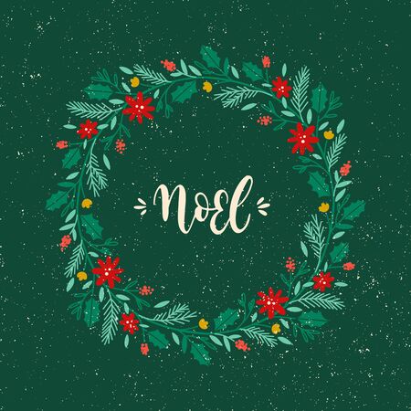 Vector Christmas wreath with mistletoe, pine, leaves and red flowers on white background, winter door decoration. Greeting card template, lettering and place for your text.のイラスト素材