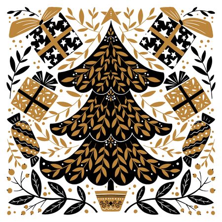 Vector Christmas illustration in Scandinavian style. Christmas tree, gifts, star, candy. Holiday greeting cardのイラスト素材