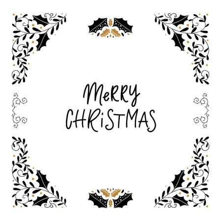 Vector greeting card Merry Christmas lettering, mistletoe , decorative elements isolated on white backgroundのイラスト素材