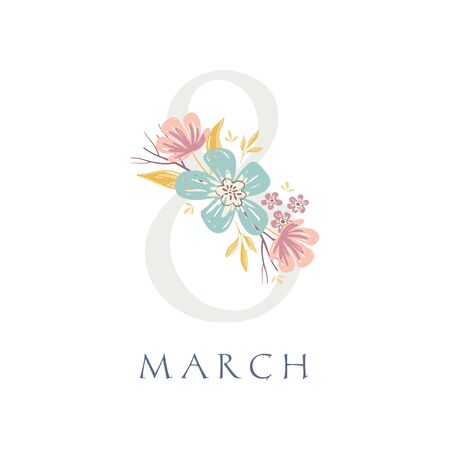 Vector International Women's Day greeting card. 8 March sign with the decor of spring plants, leaves and flowers.のイラスト素材