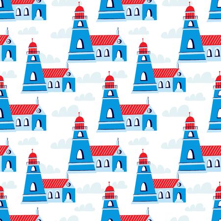 Seamless pattern with Lighthouses. Summer pattern, hand drawnのイラスト素材