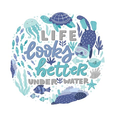 Poster with hand lettering and ocean creatures - fish, cat snorkeling, turtles, jellyfish, corals, seaweedのイラスト素材