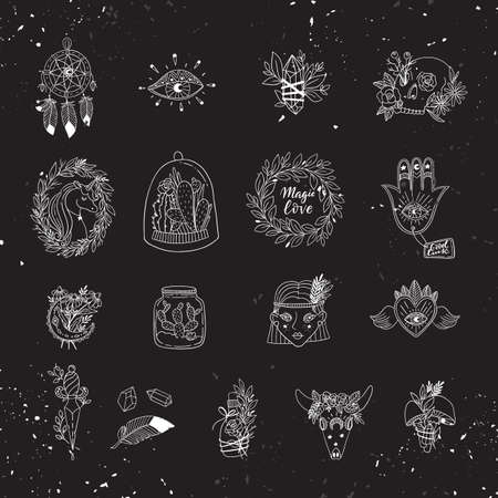 Vector patch set of magic and witchcraft. Wild magic style design. Isolated illustrations - great for stickers, coloring book.のイラスト素材