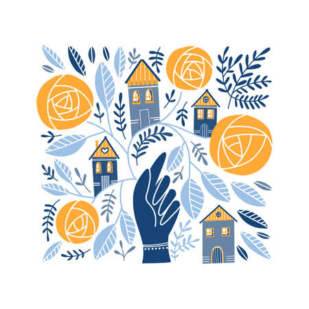 Vector Folk art ornament with hand, houses, and rose flowers, Scandinavian design , floral composition. Swedish and Norwegian motivesのイラスト素材
