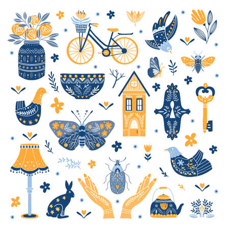 Vector set of Folk art cliparts in Scandinavian and Nordic style isolated on white.のイラスト素材
