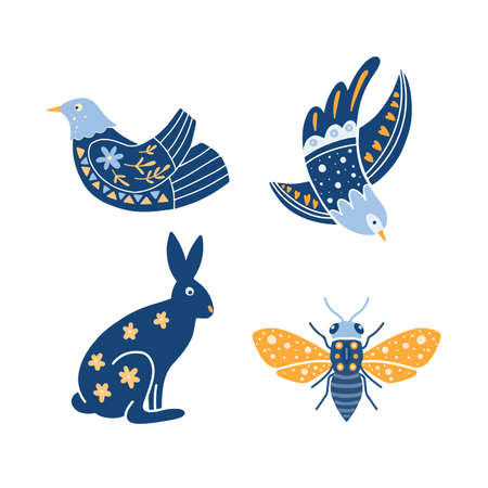 Vector set of signs in Scandinavian and Folk art style isolated on white. Bird, rabbit, beeのイラスト素材