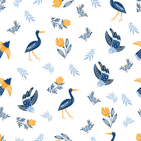 Vector seamless pattern with flowers,birds, heron on white background. Scandinavian and Folk art styleのイラスト素材