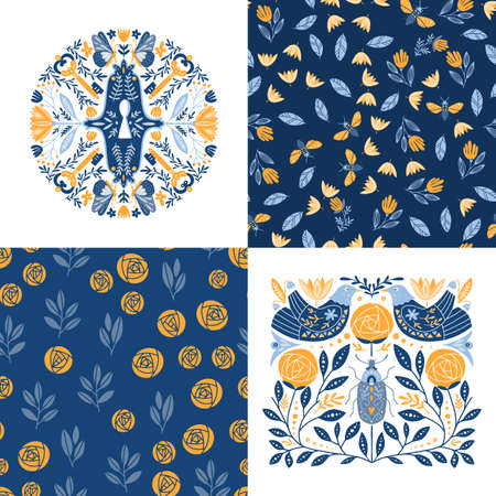 Vector set of greeting cards and seamless patterns in Scandinavian, Nordic and Folk art style with...