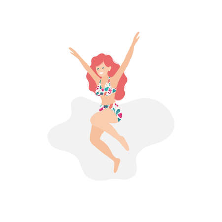 Vector jamping young long-haired girl in the swimsuit isolated on white background. Summer vacation. Summer girl illustrationのイラスト素材