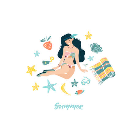Vector young long-haired girl in the swimsuit sitting on the beach isolated on white background. Summer vacation. Summer girl illustrationのイラスト素材